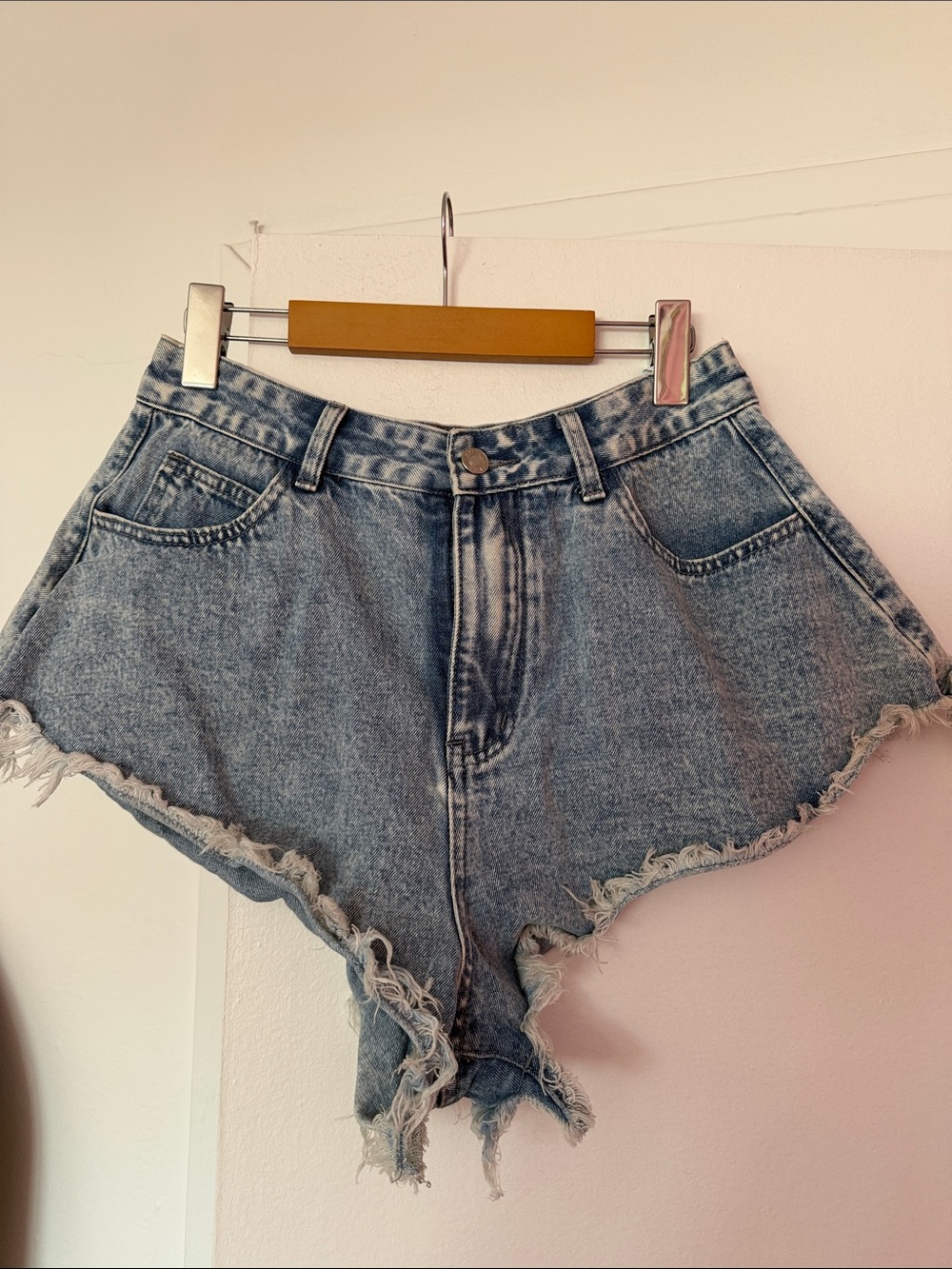 High-Rise Distressed Denim Shorts - Light Blue